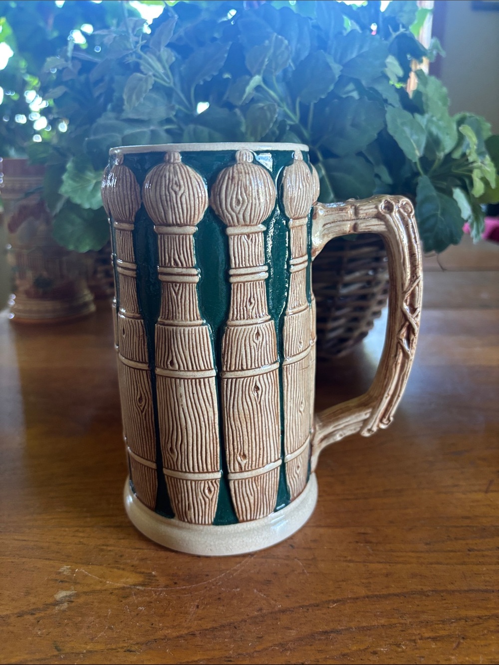 Vintage Matthias Girmscheid German 1266  tan/green raised bowling pin beer stein